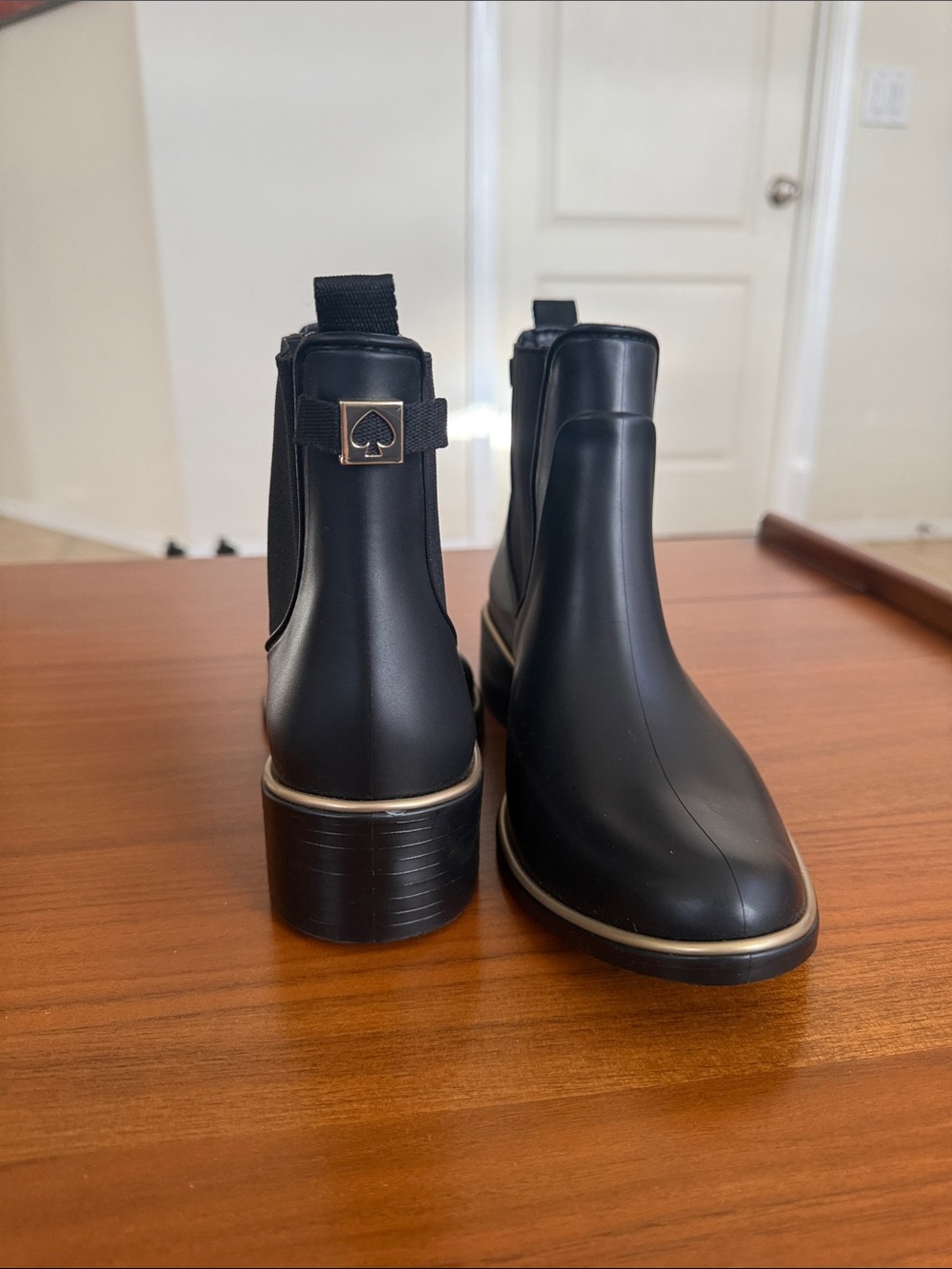 NEW kate spade Black Chelsea Rain Booties with Gold Trim